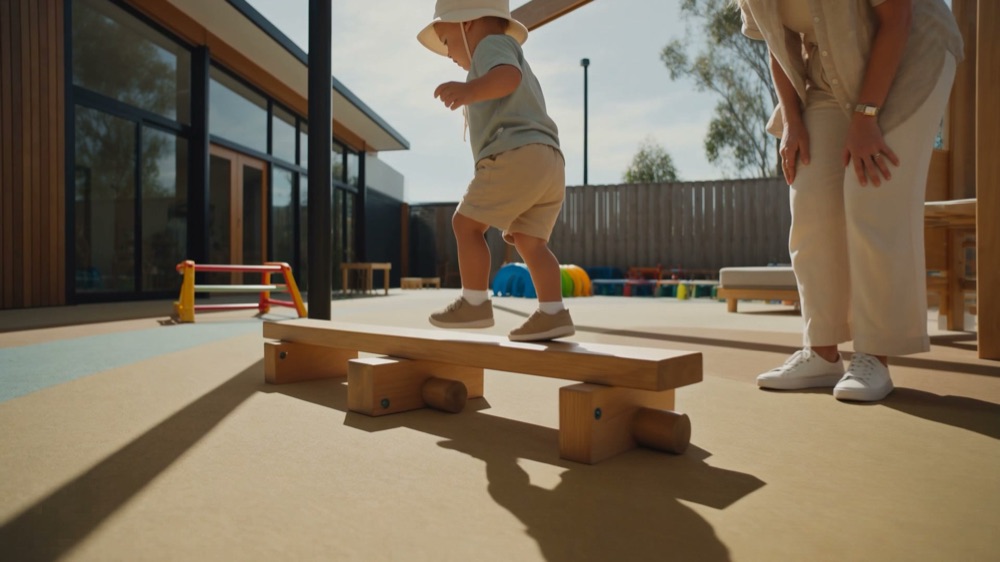 A toddler in a sun hat walking along a low timber balance beam outside while an educator stands within arm reach