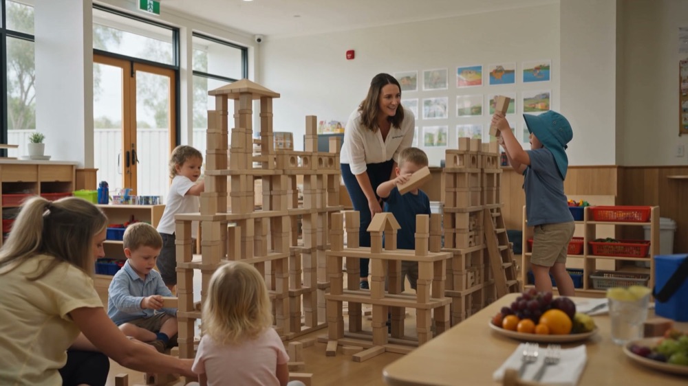 Children building a tall tower from timber unit blocks on the kindergarten room floor while an educator watches from behind