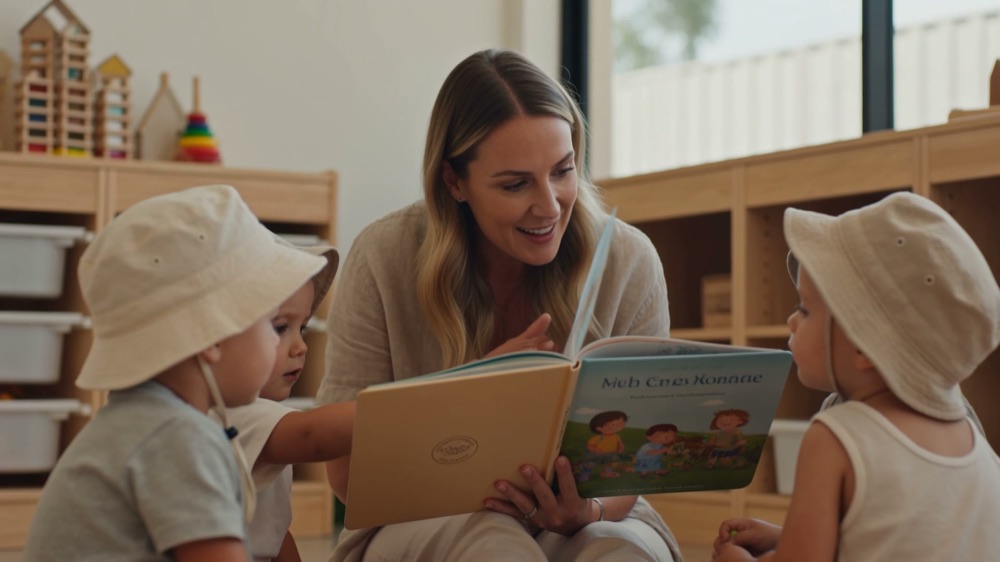 A nursery educator reading a picture book to two children sitting on the floor of the baby room