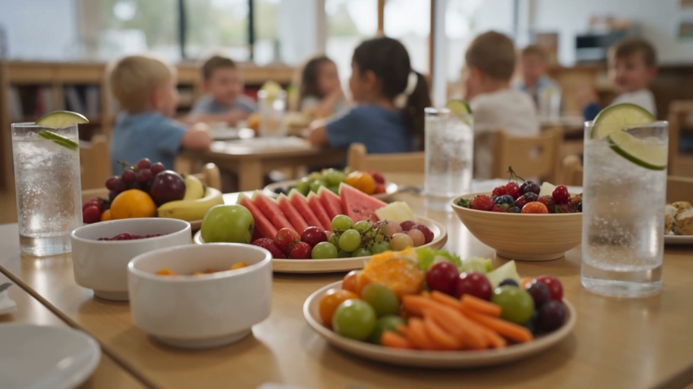 A low table set with bowls of cut fruit, vegetable sticks and water glasses ready for morning service