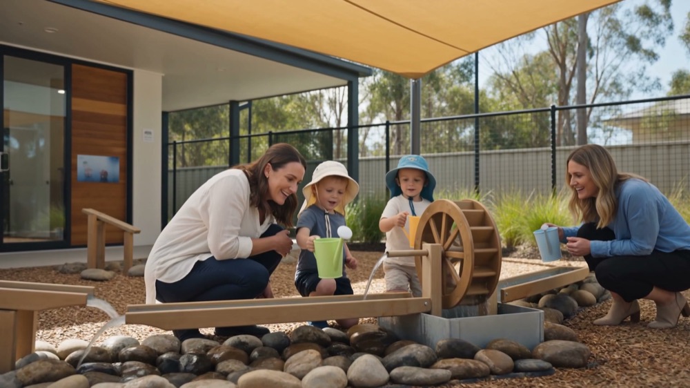 Two children tipping water from jugs into a timber channel and wheel in the courtyard while two educators crouch alongside