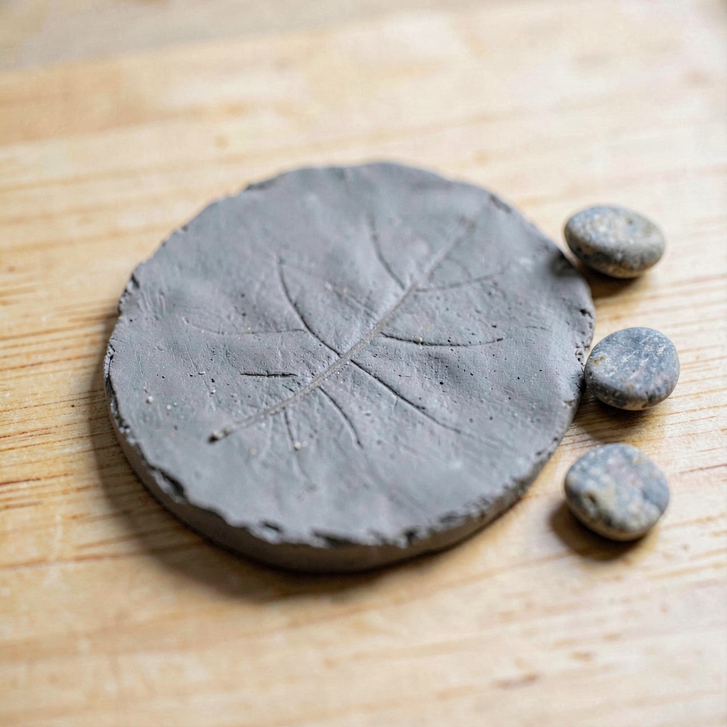A leaf pressed into a disc of clay, drying on the studio table beside river pebbles