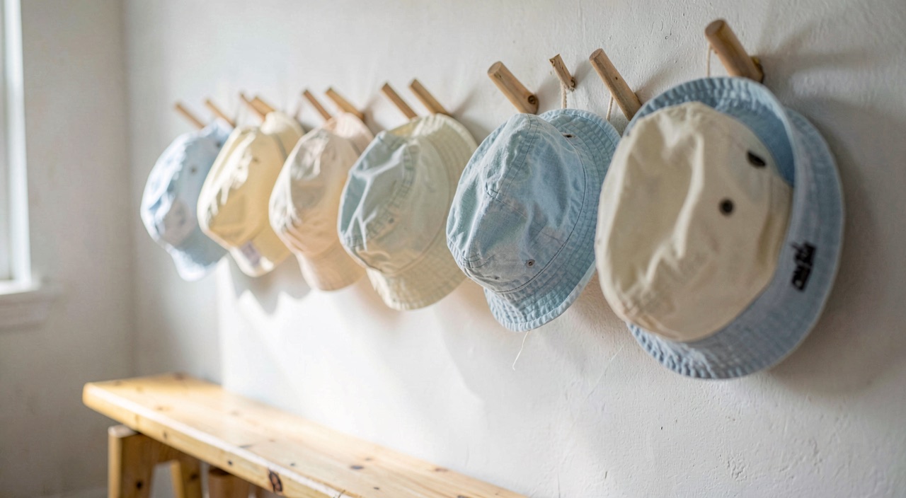 A row of children's wide brim sun hats hanging on wooden pegs on the wall