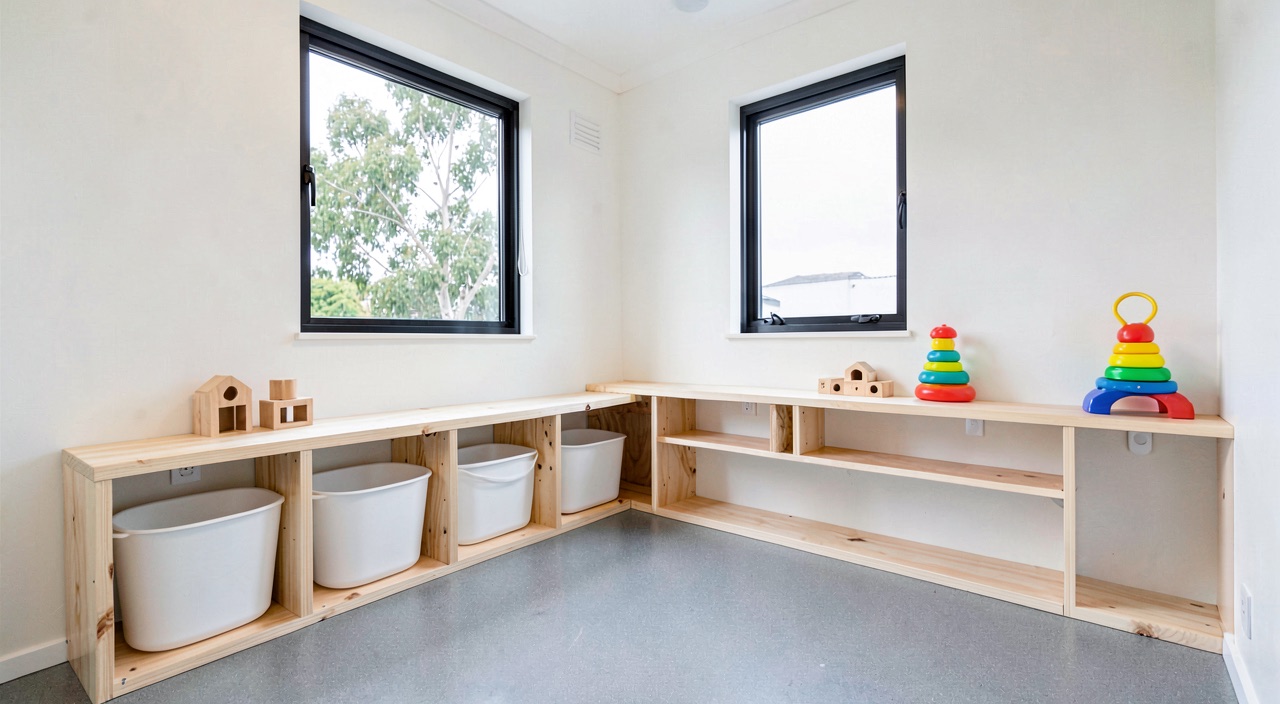 The empty nursery room at Sunbird: low birch shelving, storage tubs and wooden toys under a window