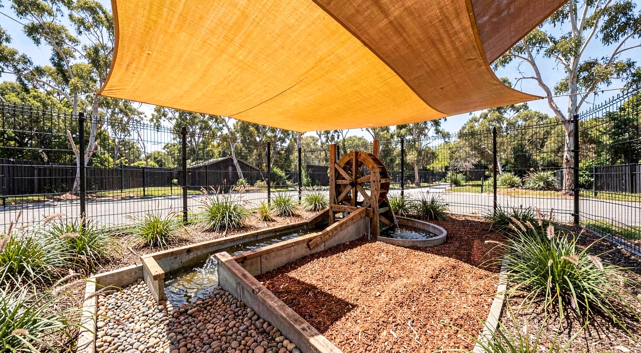 The water channel and wheel under a shade sail in the courtyard