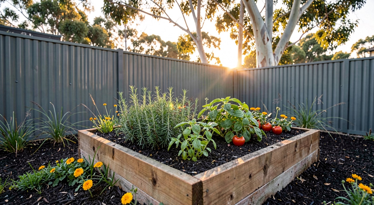The herb and vegetable garden bed in late afternoon light, with tomatoes, basil and rosemary